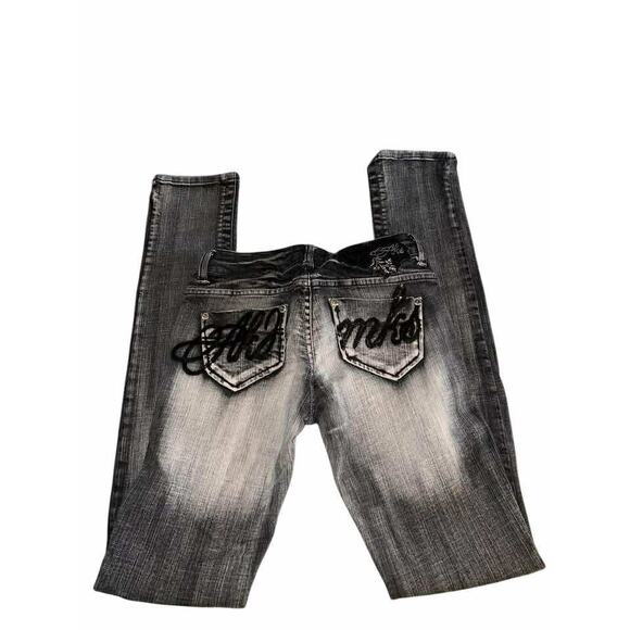 Akademiks Y2K Jeans Size 27 Gray Distressed Embroidered Pocket Streetwear - Picture 3 of 3